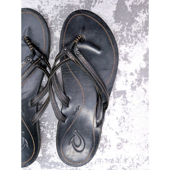 Olukai Ohana Flip Flop Sandals Black Leather Thong Women US 9 EU 39 - Picture 3 of 9